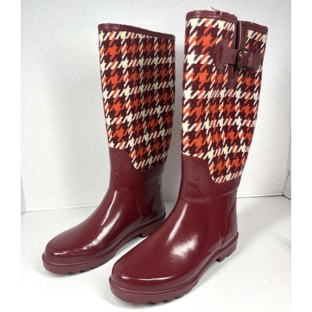 Banana Republic Womens‎ 6 Houndstooth Rain Boots Maroon Orange Tweed Retro 70s - Picture 2 of 11